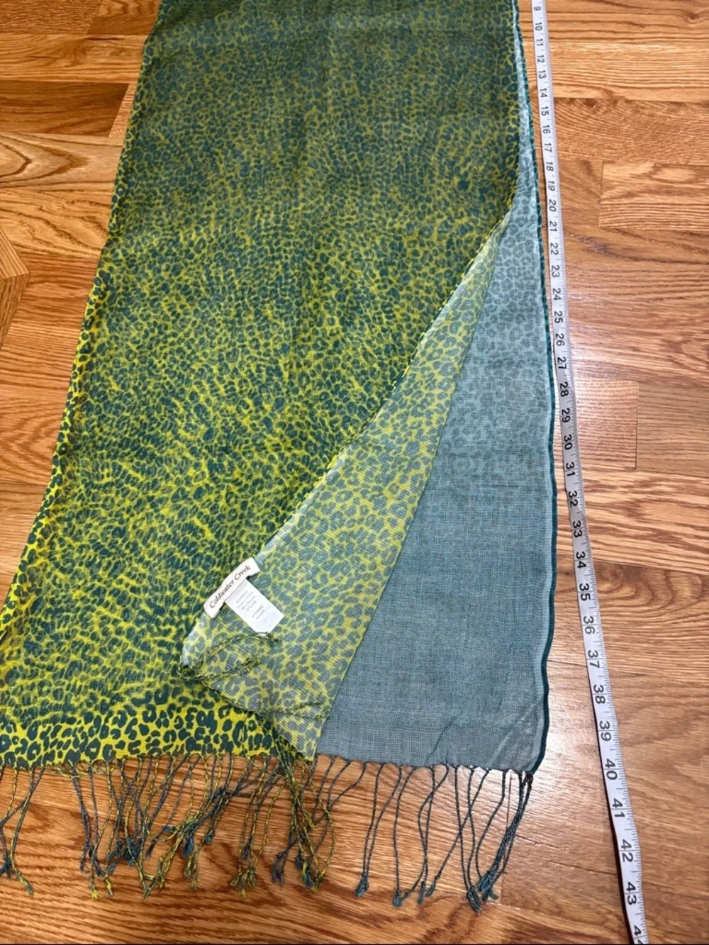 Coldwater Creek leopard Teal ombre to lime yellow Fringe Scarf SILK overlay